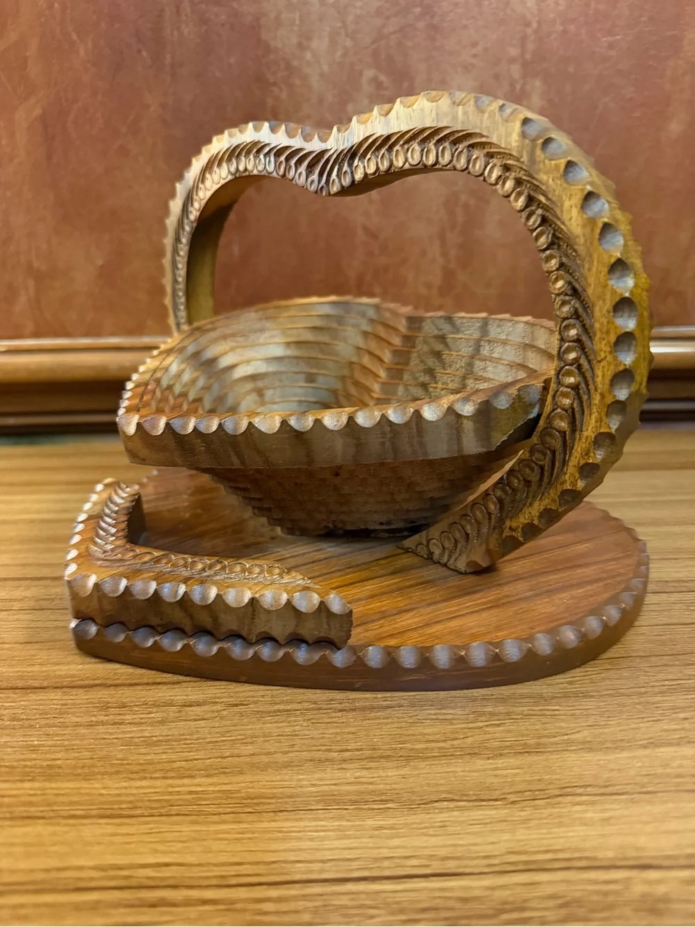 Vintage Hand Carved Sheesham Wood Collapsible Basket 10